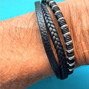 Black Leather and Beaded Bracelet Set